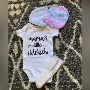 NWOT “mama’s little sidekick” preemie onesie, 2 knit hats, knit socks